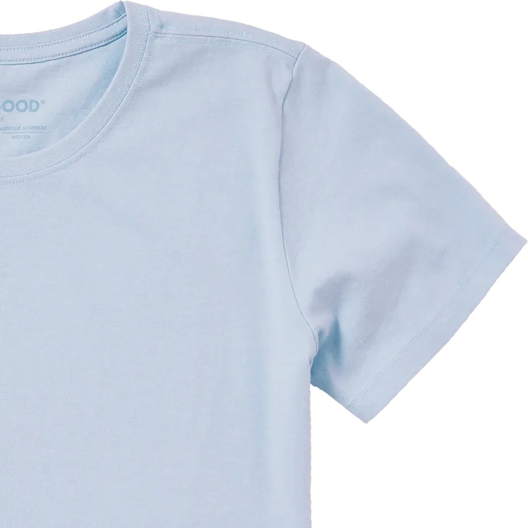 A close-up of the Life is Good Women's Patriotic Daisy Sneakers Short Sleeve Tee in Glacier Blue, showing the collar and sleeve against a white background.