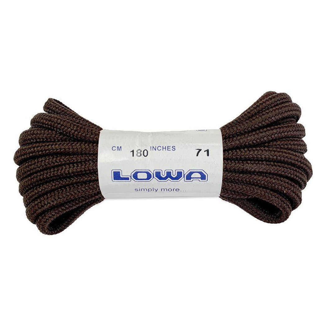 Brown Lowa laces coiled with a white label showing 180 inches against a plain white background.
