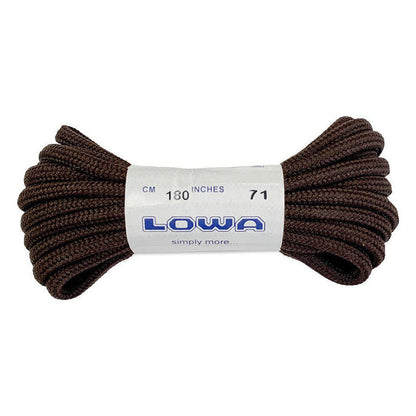 Brown Lowa laces coiled with a white label showing 180 inches against a plain white background.