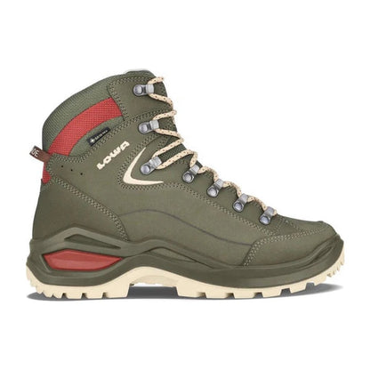 Side view of the Lowa Women's Renegade EVO GTX Mid in Brown Rose/Clay showing the lugged outsole against a white background.