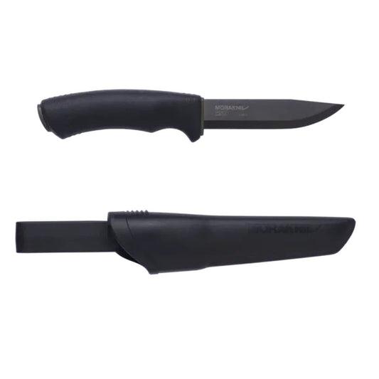 A top and bottom view of the Morakniv Bushcraft BlackBlade (C) knife in Black with a black sheath against a white background.