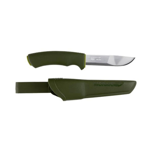 A top-down view of the Morakniv Bushcraft Forest (S) Green knife and its matching sheath against a white background.