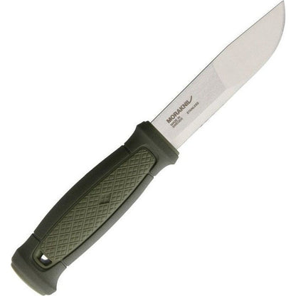 A side view of the Morakniv Kansbol Knife with a textured green handle and a white blade against a plain white background.