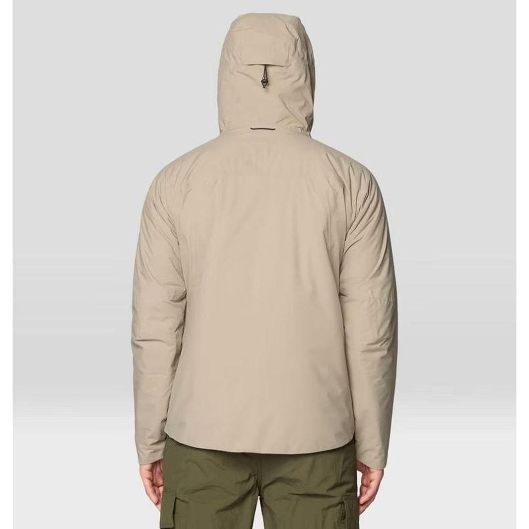 Back view of the Mountain Hardwear Men's Stretch Ozonic Insulated Jacket in Dunes, showing the hood and cargo pants on a model against a light background.