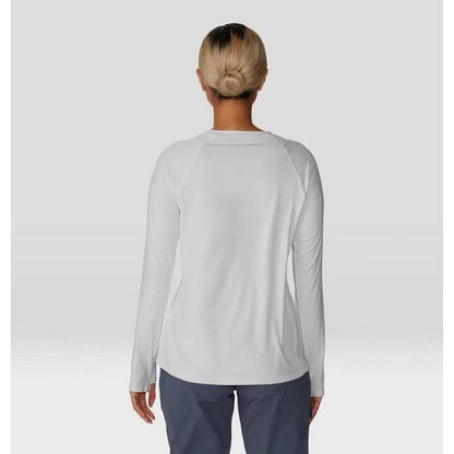 Back view of the Mountain Hardwear Women's Crater Lake Long Sleeve in Fogbank on a model against a plain background.