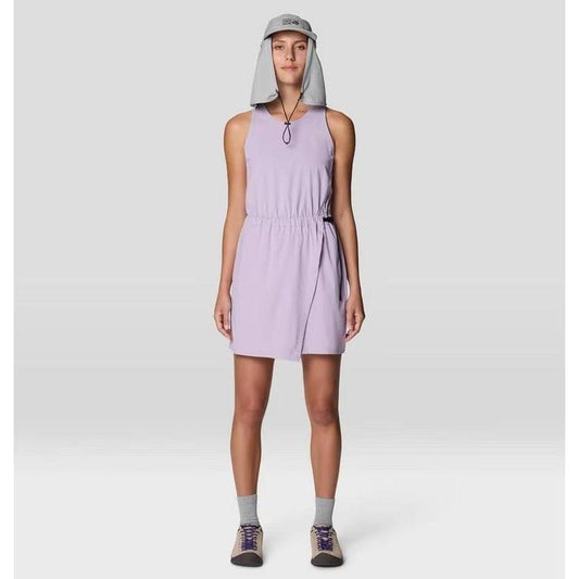 A front view of the Mountain Hardwear Women's Dynama Dress in Atmospheric color on a model wearing it against a light gray background.