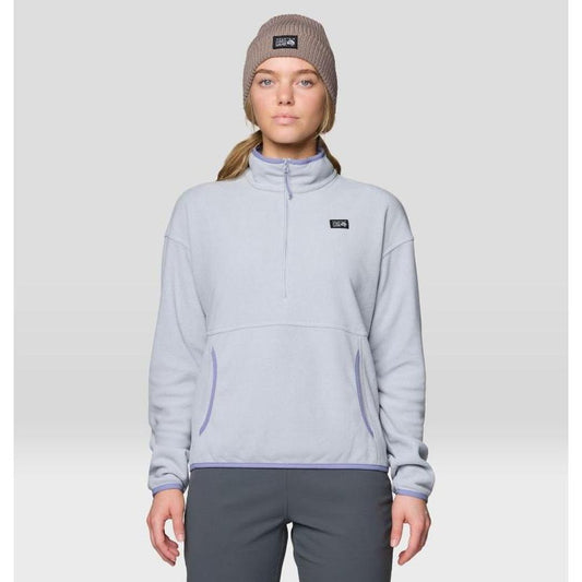 A front view of the Mountain Hardwear Women's Microchill Pullover in Glacial Heather on a model against a light gray background.