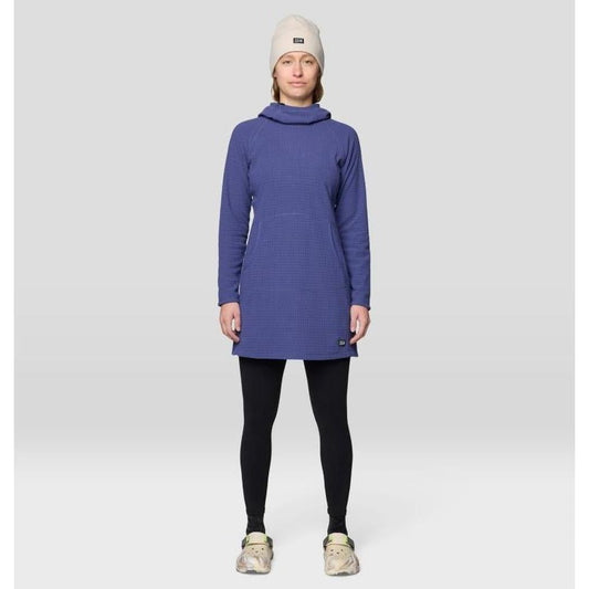 A front view of the Mountain Hardwear Women's Summit Grid Dress in Bourbon Brown on a model against a light gray background.