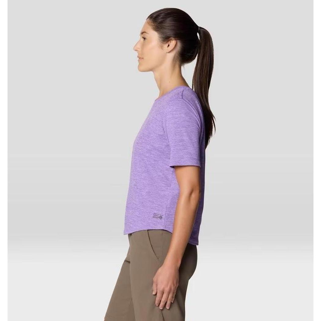 Side view of the Mountain Hardwear Women's Sunblocker Short Sleeve in Harbor Violet on a model against a light background.