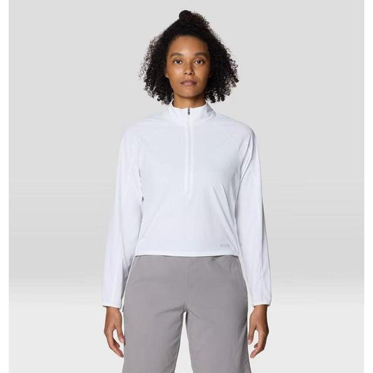 A front view of the Mountain Hardwear Women's Sunshield Half Zip in Fogbank on a model against a light gray background.