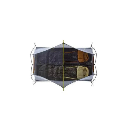 Top-down view of the NEMO Dagger OSMO Lightweight Backpacking 2p Tent with two sleeping bags inside against a white background.