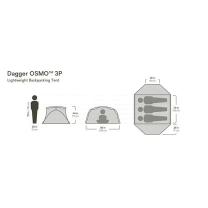 The photo shows the NEMO Dagger OSMO 3P Lightweight Backpacking Tent in a side view with dimensions and a top-down layout visible against a white background.