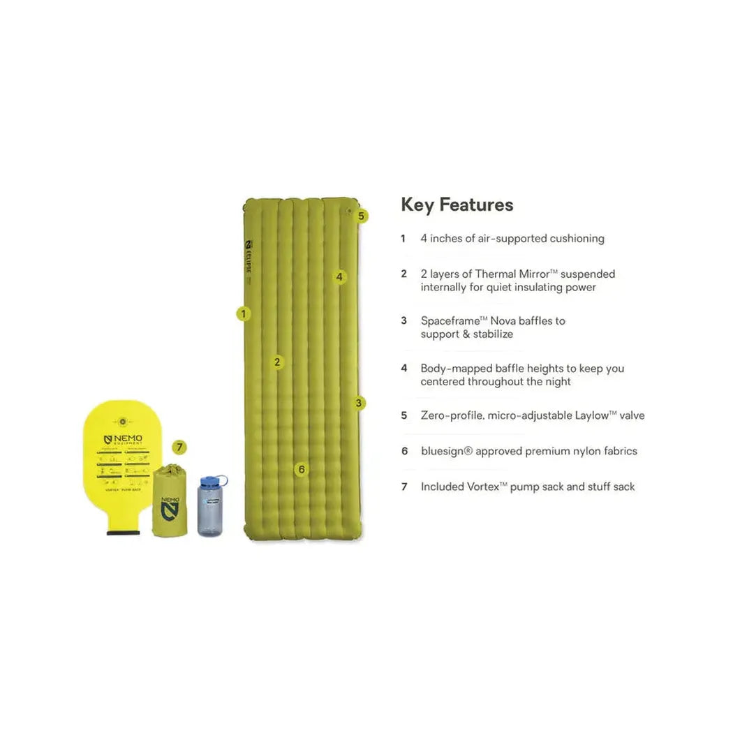 A side view of the NEMO Eclipse All-Season Lightweight Insulated Sleeping Pad in Regular color showing the key features list and accessories against a white background.