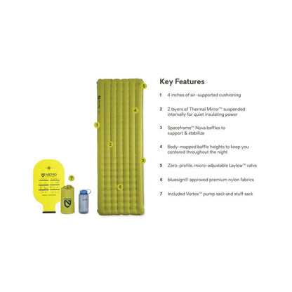 A side view of the NEMO Eclipse All-Season Lightweight Insulated Sleeping Pad in Regular color showing the key features list and accessories against a white background.