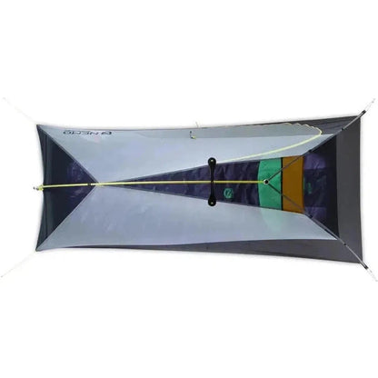 Top-down view of the NEMO Hornet OSMO Ultralight Backpacking Tent showing its compact design and internal structure against a white background.