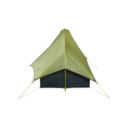 A front view of the NEMO Hornet OSMO Ultralight Backpacking Tent with a dark interior and light green exterior against a white background.