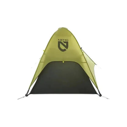 A front view of the NEMO Hornet OSMO Ultralight Backpacking Tent in olive green with a black floor, set against a white background.