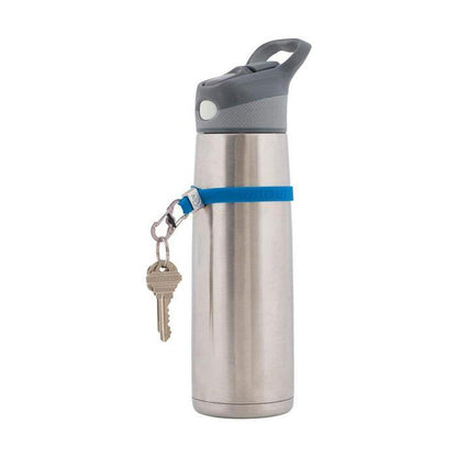 A side view of the Nite Ize Cinch-A-Lot Stretch Strap in Blue with a key attached, shown against a white background.