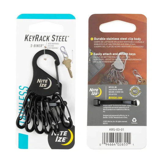 Back of Nite Ize KeyRack Steel S-Binder showing clip body and keys attached, black color.