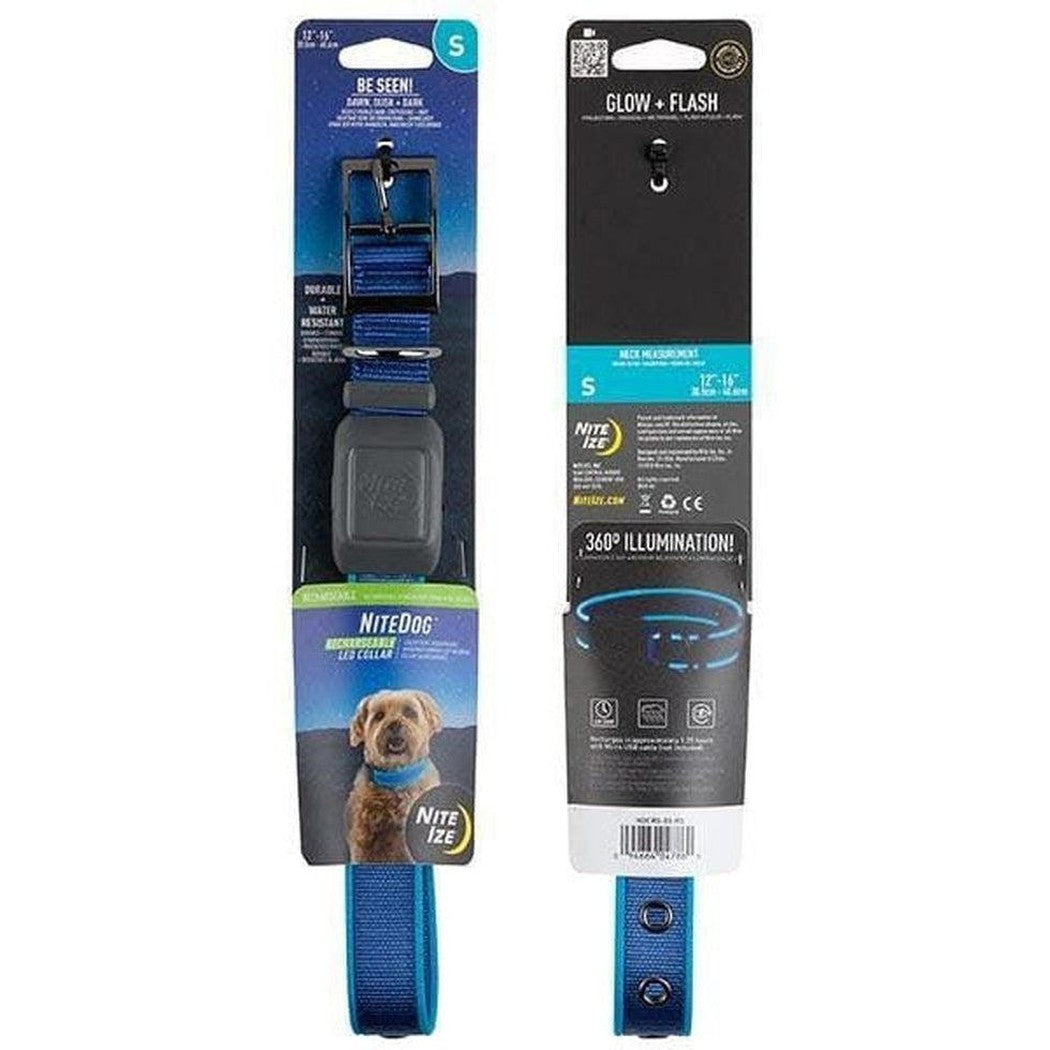 Front and back packaging of the Nite Ize Nitedog Rechargeable Led Collar in Blue/Blue LED showing the blue strap and 360° illumination feature.