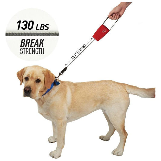 A side view of the Nite Ize RadDog Retractable Pocket Leash in Small showing the 130 lbs break strength and 45.7" length against a white background.
