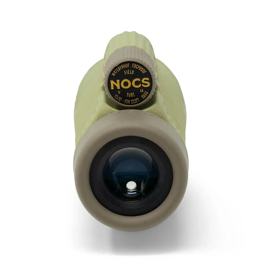 Front view of the Nocs Provisions 8x32 Monocular Bundle in Juniper Green showing the lens and waterproof field feature against a white background.