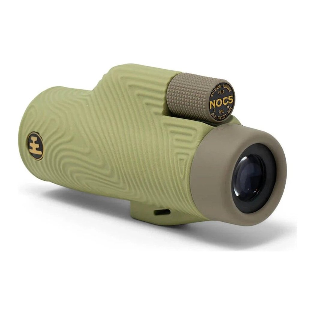 A side view of the Nocs Provisions 8x32 Monocular Bundle in Juniper Green showing the focus wheel and lens against a white background.