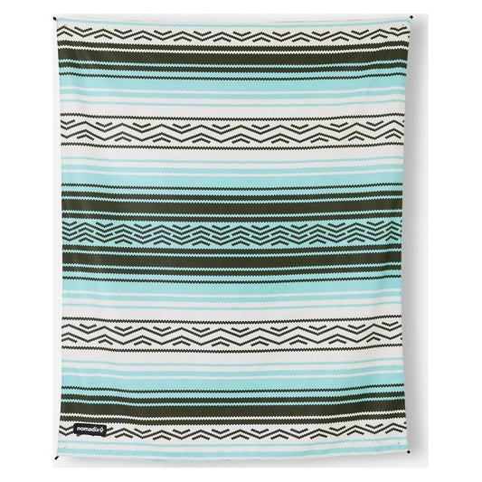 Flat view of the Nomadix Festival Blanket in Baja Aqua showing its striped pattern and hanging loops.