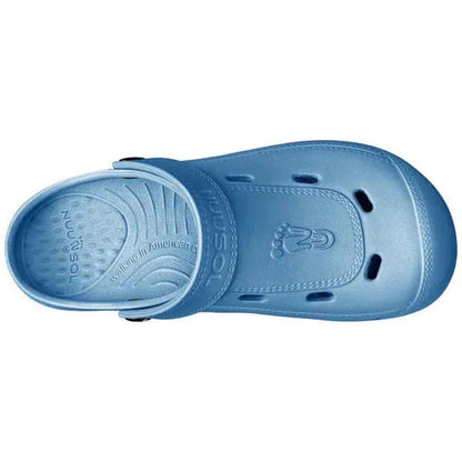 Top view of the NuuSol Kid's McCall Clog in Blue Horizon showing the footbed and ventilation holes against a white background.