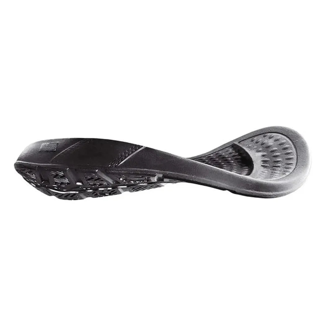 Side view of the NuuSol Men's Sawtooth Slide in Eclipse Black showing the textured outsole and contoured footbed against a white background.