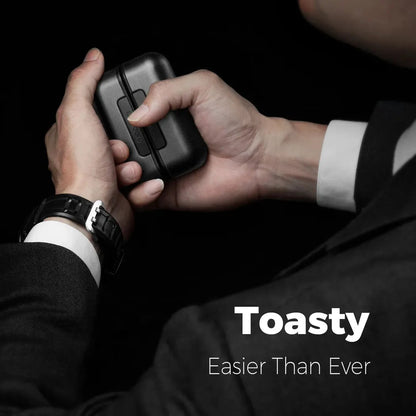 A person in a black suit holds the black Ocoopa UT2s Rechargeable Hand Warmer against a dark background.