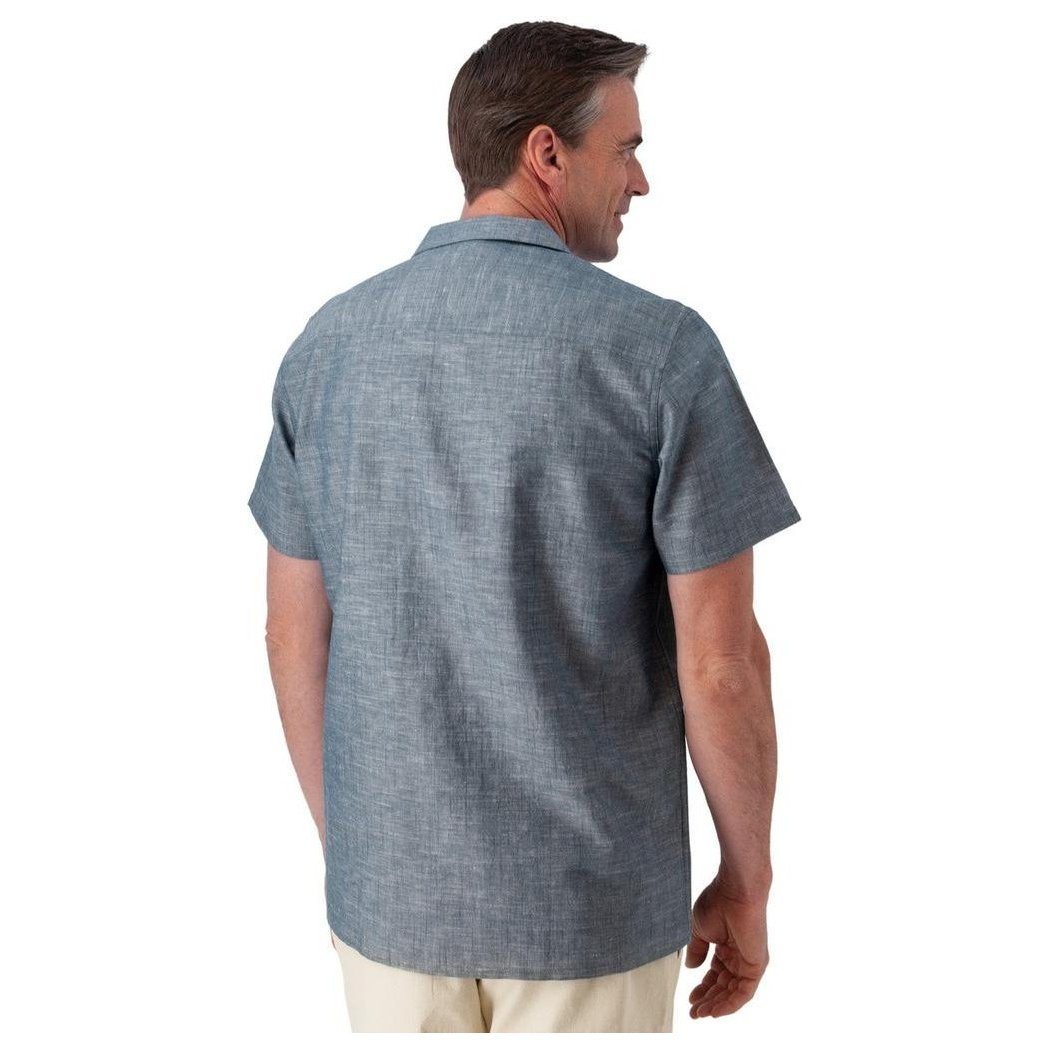 Back view of the Old Ranch Men's Bodi Shirt in Dark Blue on a model against a white background.