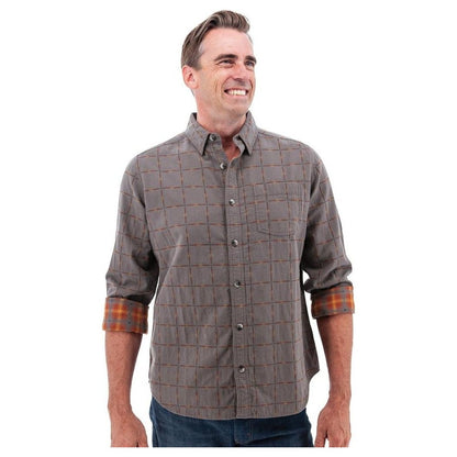 A front view of the Old Ranch Men's Chase Shirt 25 in Blue Skies showing the plaid cuffs and a smiling model against a white background.
