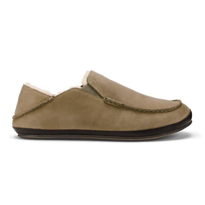 Side view of the Olukai Men's Moloa Slipper in Clay/Dark Java showing the slip-on design and dark sole against a white background.
