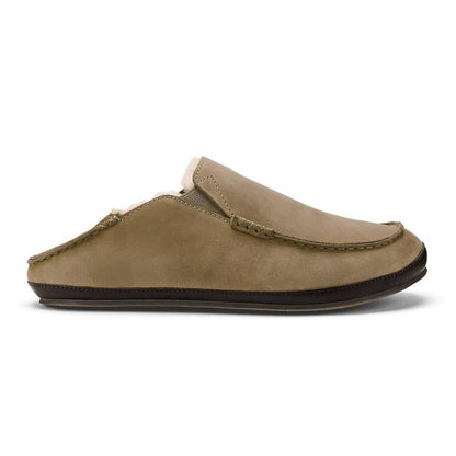 Side view of the Olukai Men's Moloa Slipper in Clay/Dark Java showing the slip-on design against a white background.
