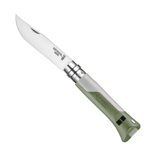 Side view of the Opinel No.08 Horizon Folding Knife in Grey and Sage showing the folding mechanism against a white background.