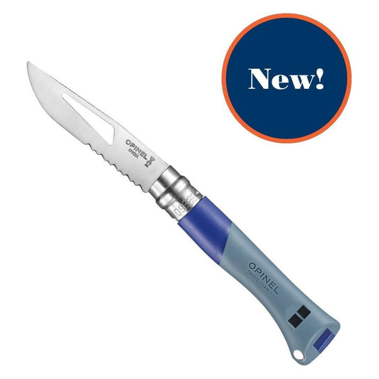 Blue Opinel No.09 Ocean Sailing Folding Knife with a serrated blade and blue handle, shown against a white background with a "New!" badge.