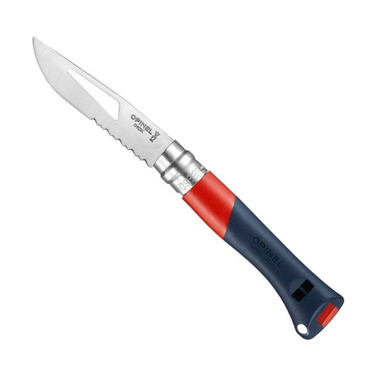 Close-up of the Opinel No.09 Ocean Sailing Folding Knife in Blue showing the serrated blade and red accent against a white background.