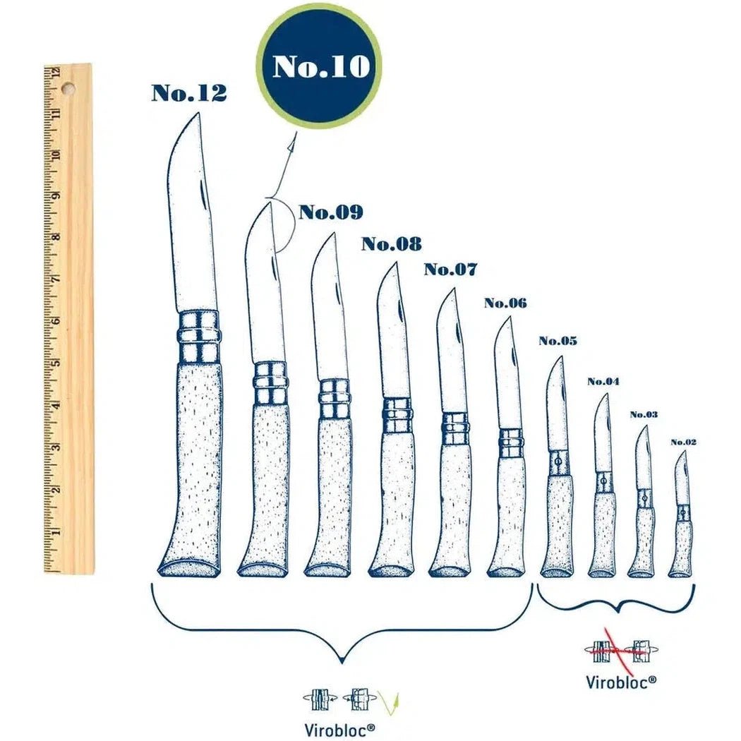 A line-up of Opinel No.10 Carbon Steel Folding Knives in various sizes next to a ruler, showing the No.10 model highlighted.