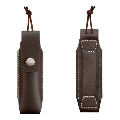 Two views of the Opinel No.8 Carbon & Sheath Gift Box, front with metal snap and back with white stitching, hanging on brown cords against a white background.