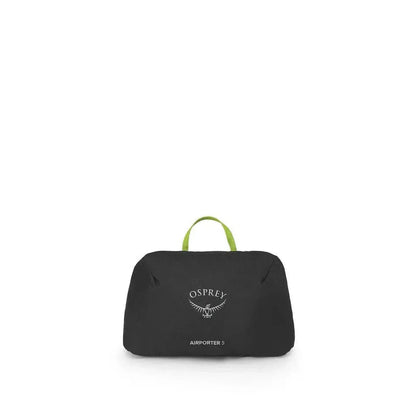 A front view of the Osprey Airporter 5 in black with a green handle against a white background.