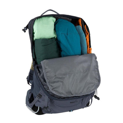 A top-down view of the Osprey Mira 32 backpack in Anchor Blue showing its organized interior with clothing items and a gray front flap against a white background.