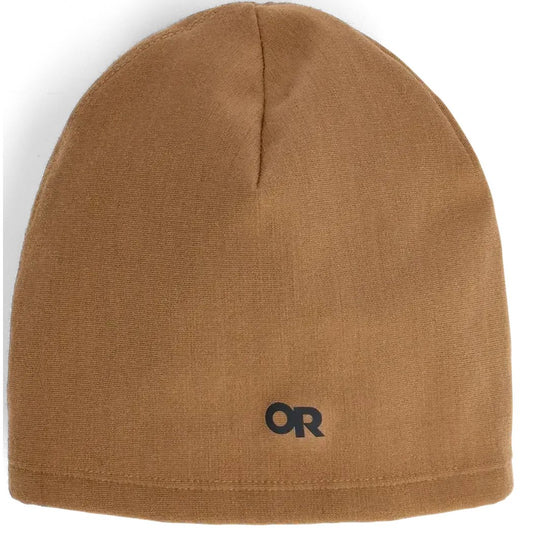 A front view of the Outdoor Research Crescent Fleece Beanie in Bronze showing the logo on the front against a white background.
