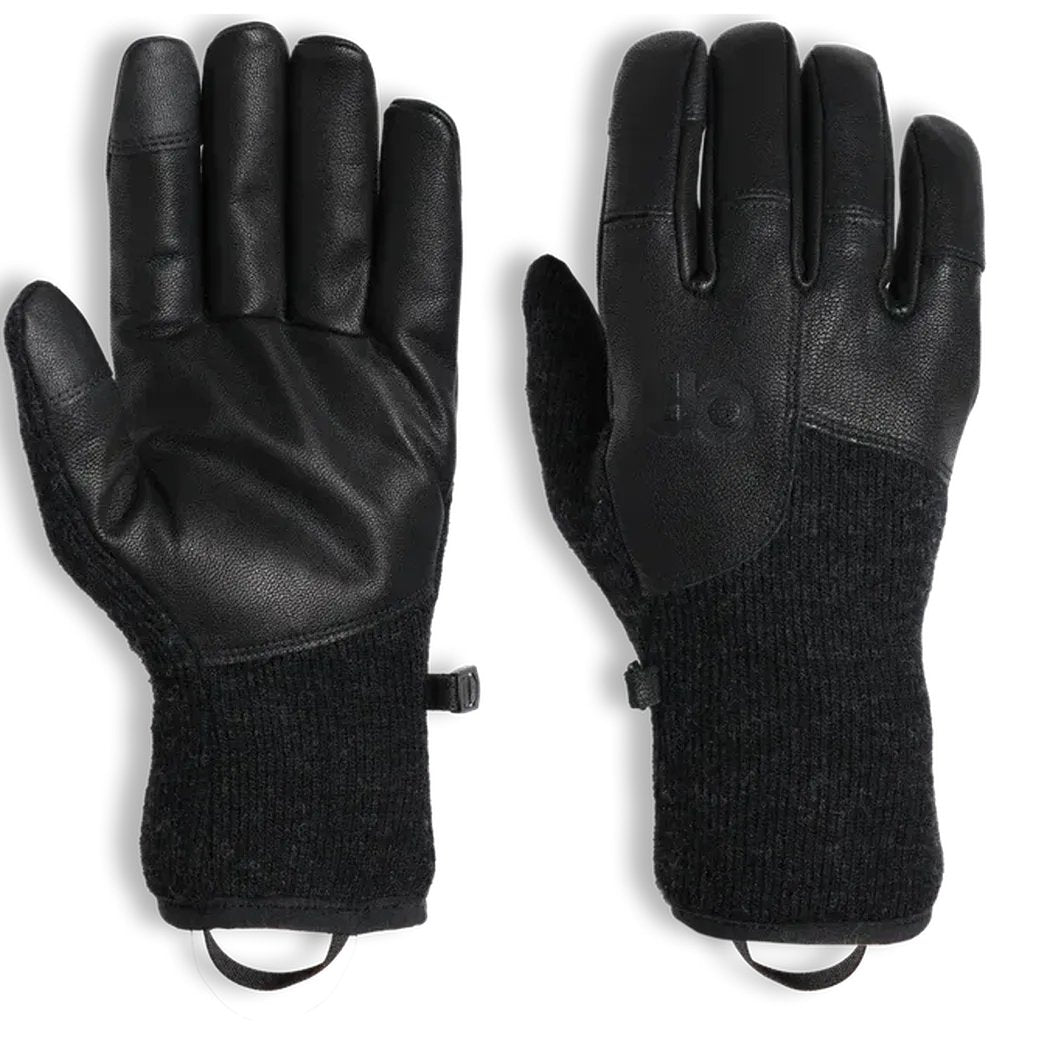 Front and back view of the Outdoor Research Men's Flurry Leather Gloves in Charcoal showing the leather palms and knit cuffs against a white background.