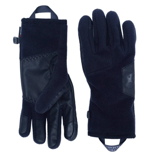Side view of the Outdoor Research Men's Gripper Sensor Windbloc Gloves in Black showing the leather palm patches and wrist strap against a white background.