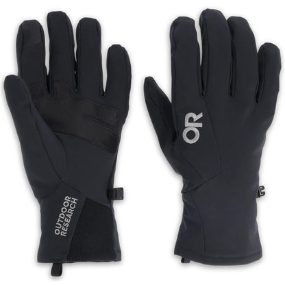Black Outdoor Research Sureshot Softshell Gloves shown from front and back with "OR" logo on palm.