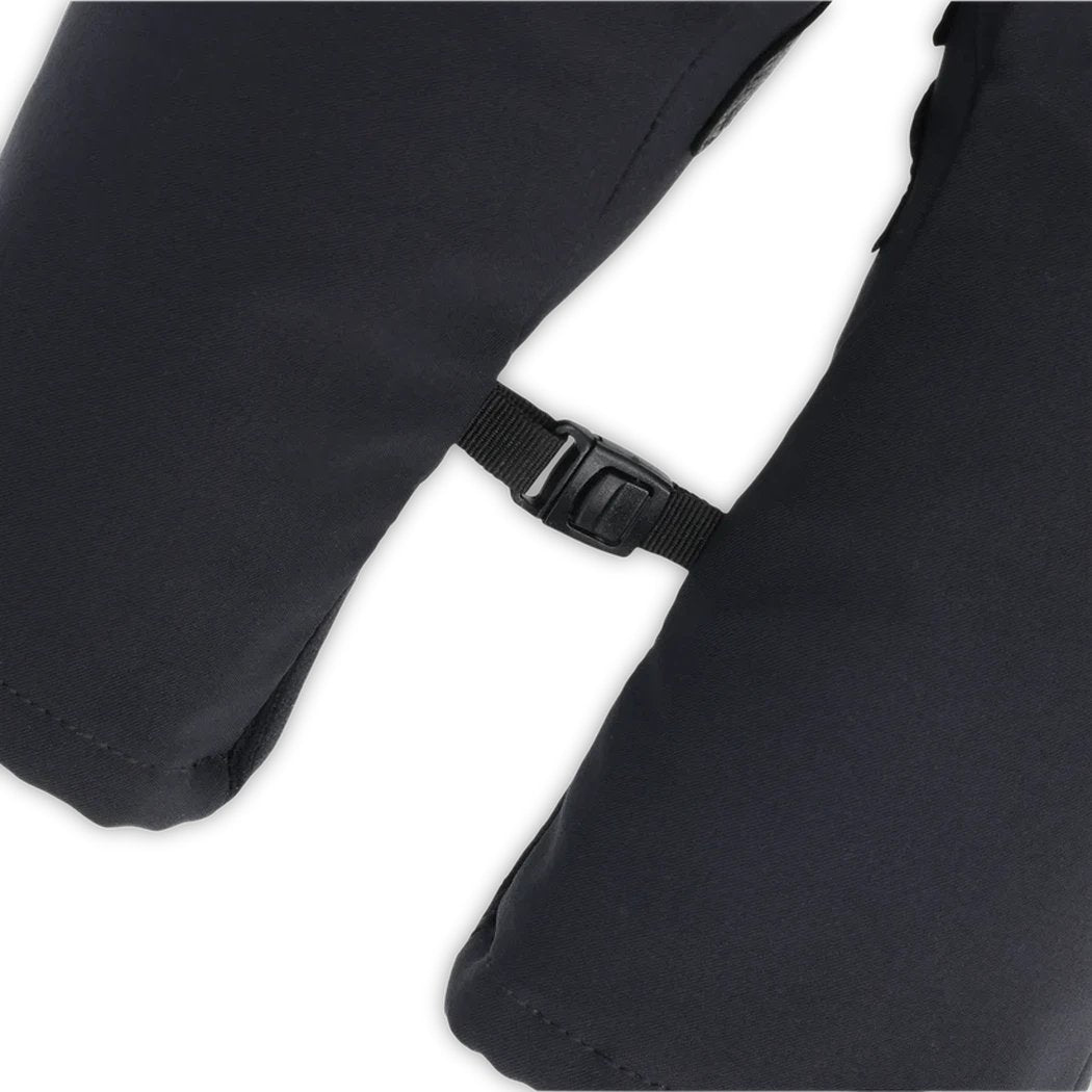 A close-up of the Outdoor Research Men's Sureshot Softshell Gloves in Solid Black showing the adjustable strap and buckle against a white background.