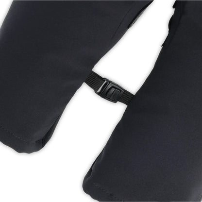 A close-up of the Outdoor Research Men's Sureshot Softshell Gloves in Solid Black showing the adjustable strap and buckle against a white background.