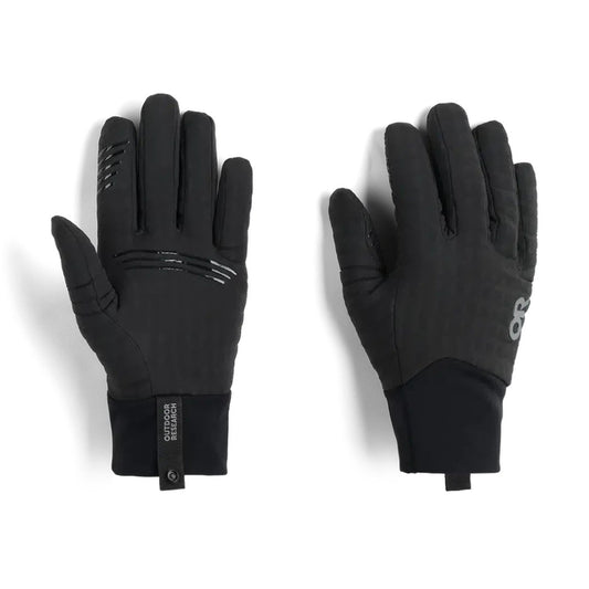 Side view of the Outdoor Research Men's Vigor Heavyweight Sensor Gloves in Black showing the logo on the palm against a white background.