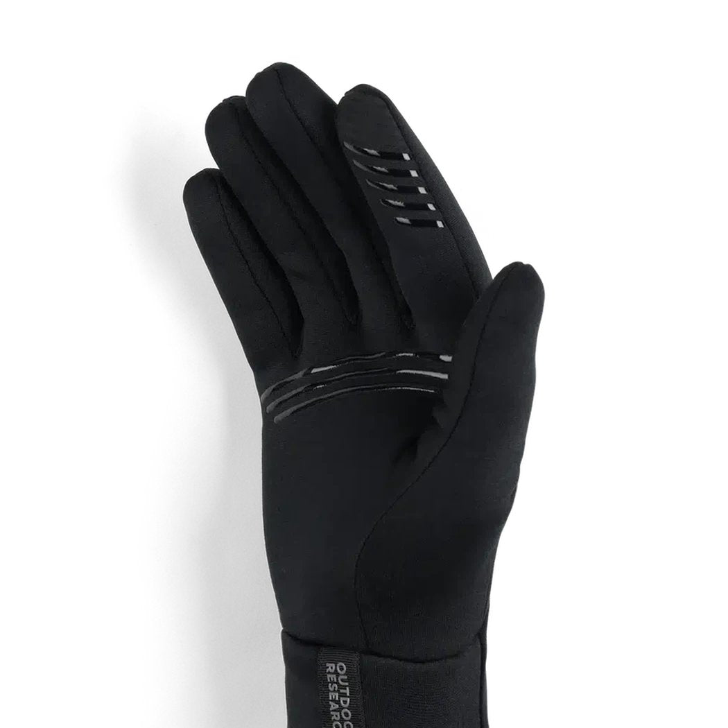 A black Outdoor Research Men's Vigor Midweight Sensor Gloves photo showing the palm with textured grip details against a white background.